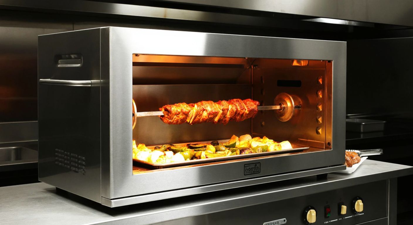 A sleek stainless steel convection oven with a rotating kebab skewer inside, glowing warmly as it evenly roasts golden-brown meat and vegetables in a bustling Turkish restaurant kitchen.