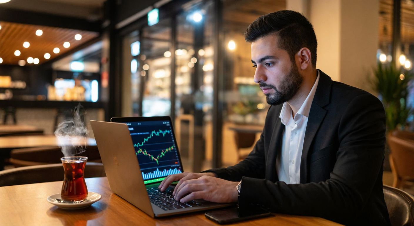 A focused Turkish trader in a modern café, intently studying a laptop screen displaying colorful cryptocurrency price charts, with a steaming cup of Turkish tea beside them.