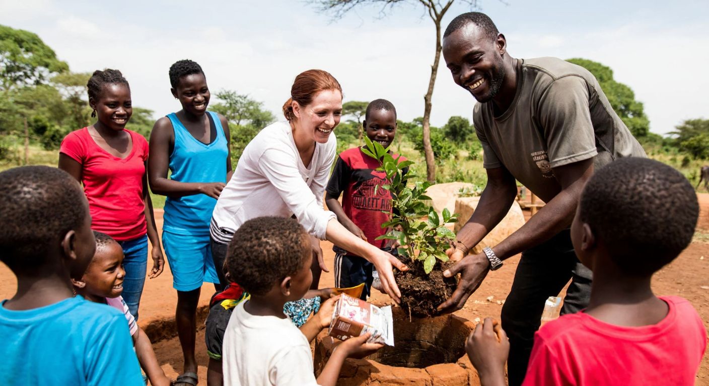 A group of diverse volunteers in Africa, smiling as they distribute food packages and plant trees near a newly dug water well, with children joyfully gathering around them.