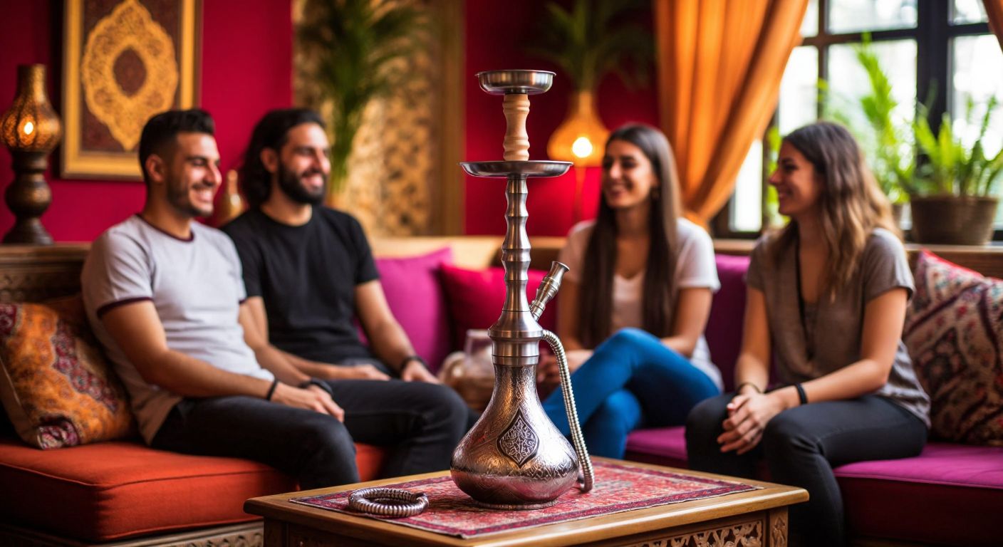 A group of people in a cozy Turkish lounge, smiling and relaxed, passing around a sleek aluminum hookah with intricate designs, surrounded by colorful cushions and warm lighting.