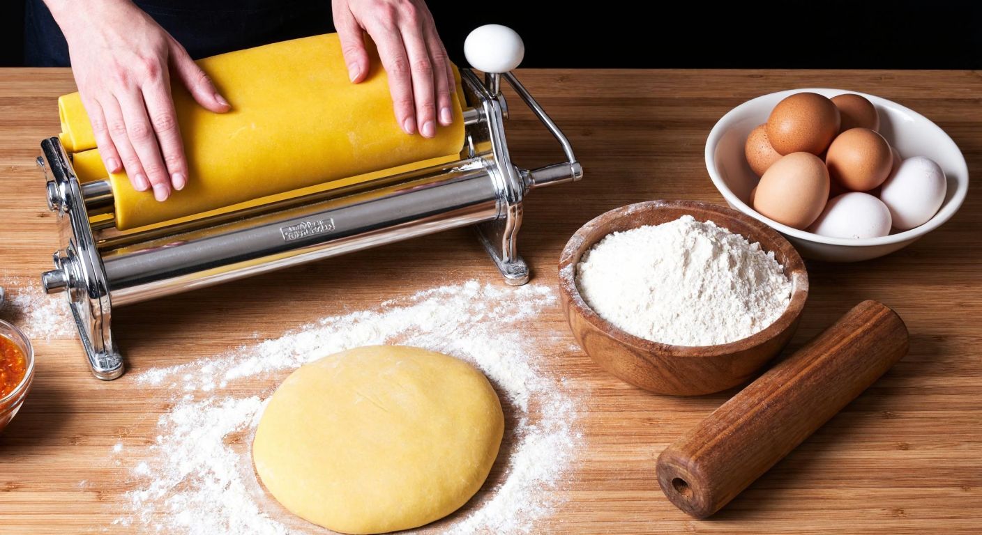 A wooden kitchen counter with a traditional Turkish pasta roller, fresh golden-yellow dough being flattened by hand, scattered flour, and a bowl of eggs nearby, evoking warmth and homemade cooking.