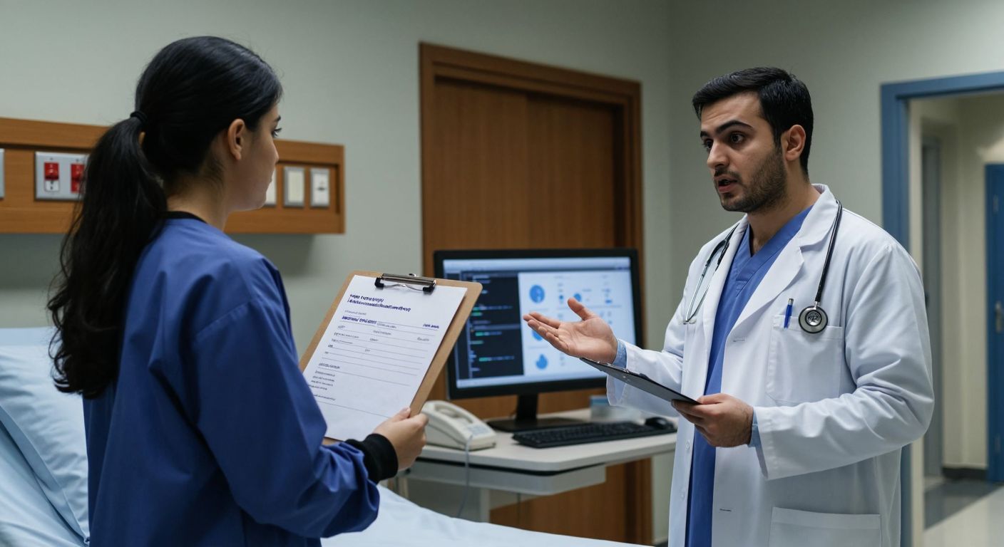 A confused person in a Turkish hospital setting holds a clipboard with a blank form while a doctor gestures toward a computer screen displaying a generic health record interface.