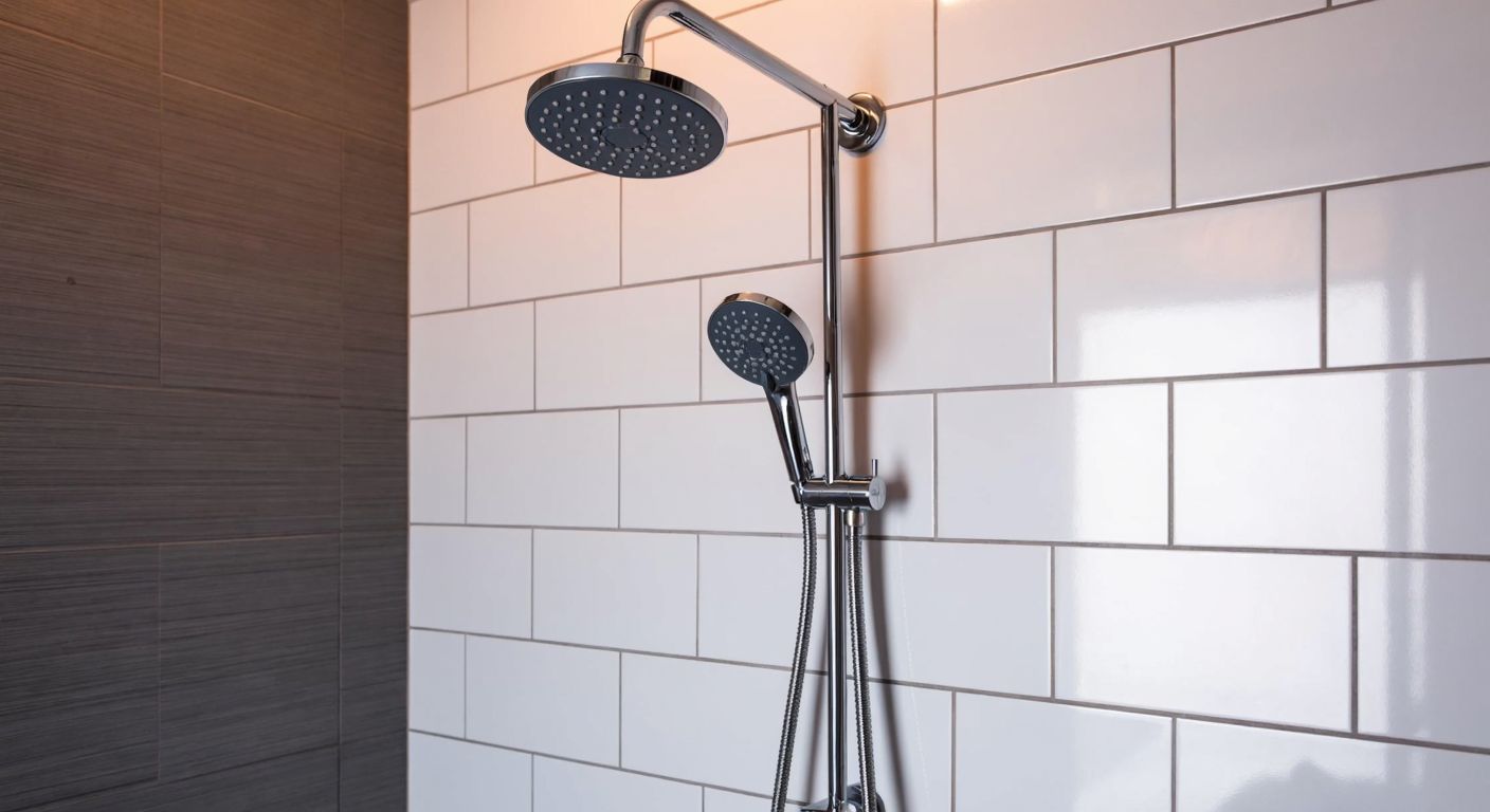 A sleek, modern shower set with a stainless steel hose and a rotating showerhead mounted on a white-tiled bathroom wall in a Turkish home.