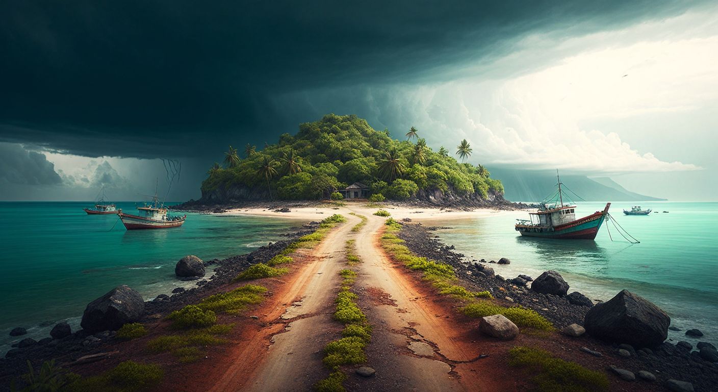 A small, isolated Pacific island with sparse vegetation, a few fishing boats on a rocky shore, cracked dirt roads, and a distant storm brewing over the ocean.