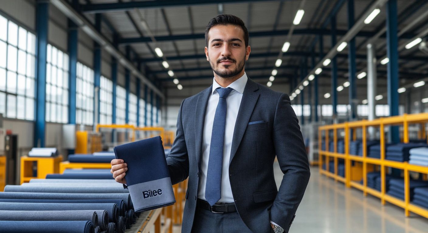 A confident Turkish businessman in a tailored suit stands proudly in front of a modern textile factory, holding a high-quality fabric sample with the Bilcee logo subtly woven into the material.
