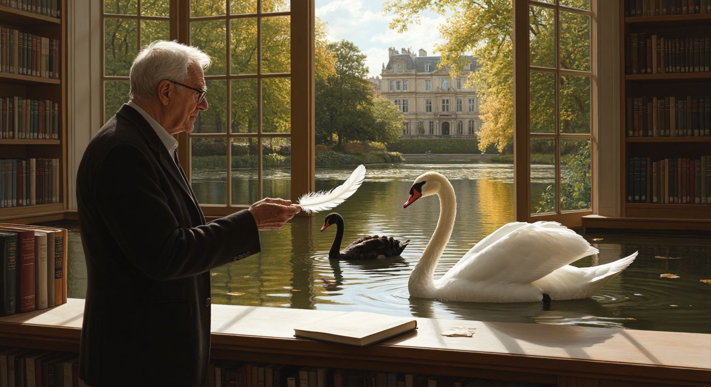 A thoughtful elderly man with glasses (resembling Karl Popper) stands in a sunlit library, holding a white swan feather while observing a black swan swimming in a pond outside the window.  

(Note: The description avoids text, technology, and explicit content while capturing the essence of falsifiability through the swan metaphor, with a neutral academic setting.)