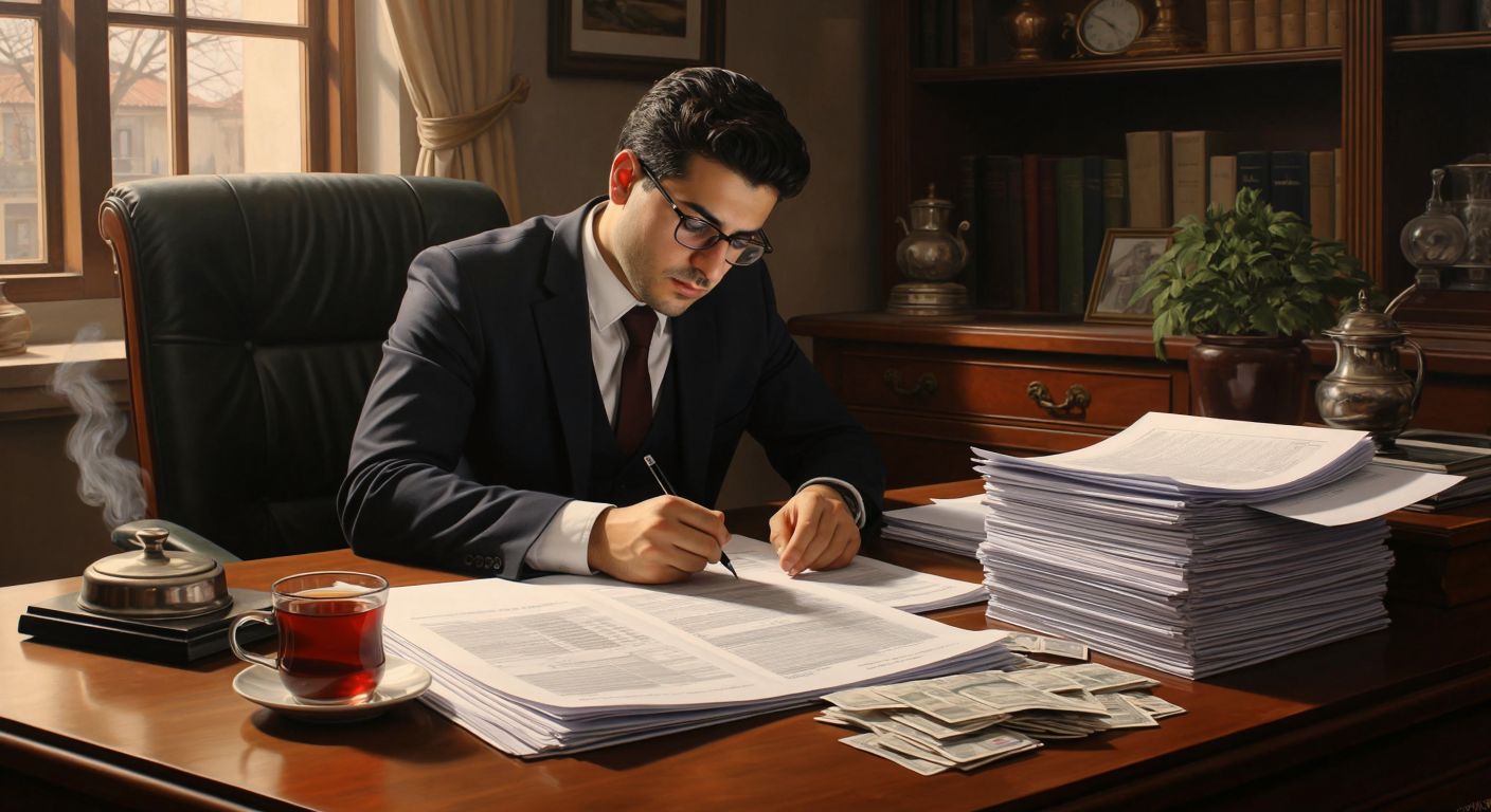 A Turkish accountant in a tidy office, wearing glasses and a focused expression, writes in a large ledger while stacks of invoices and receipts sit neatly on the wooden desk beside a steaming cup of Turkish tea.