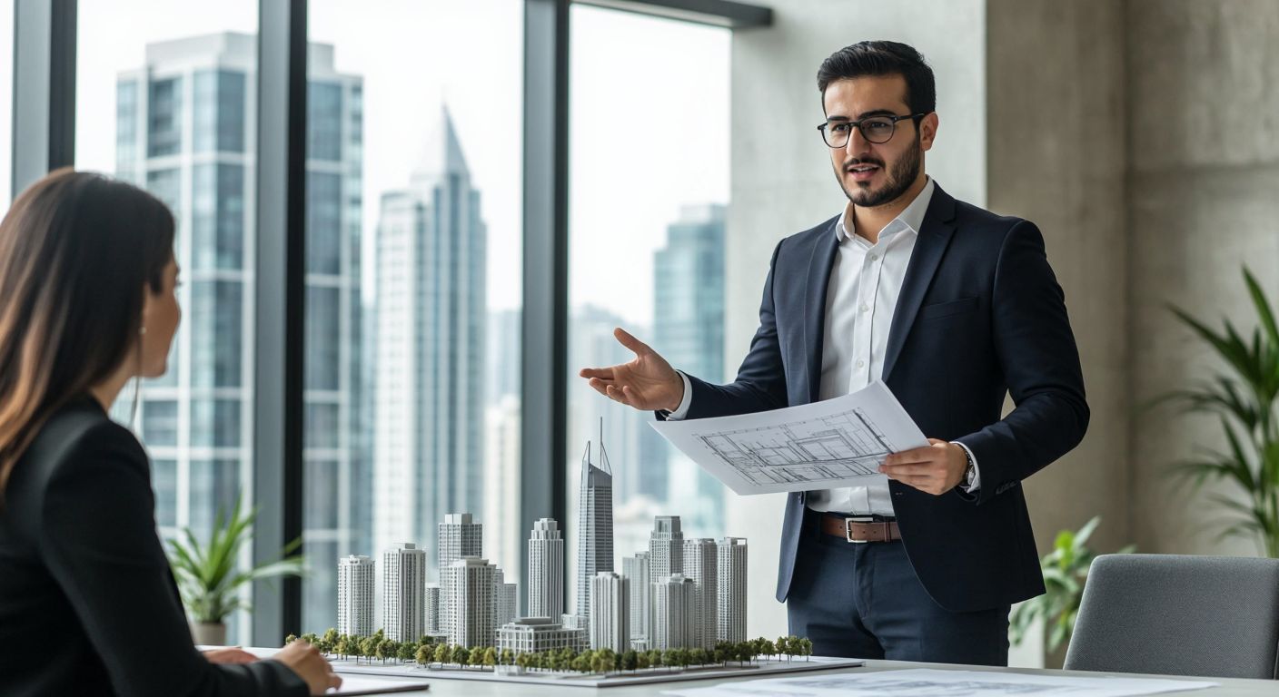 A confident, well-dressed Turkish professional in a modern office, holding architectural blueprints and gesturing toward a city skyline model, while a client listens attentively.