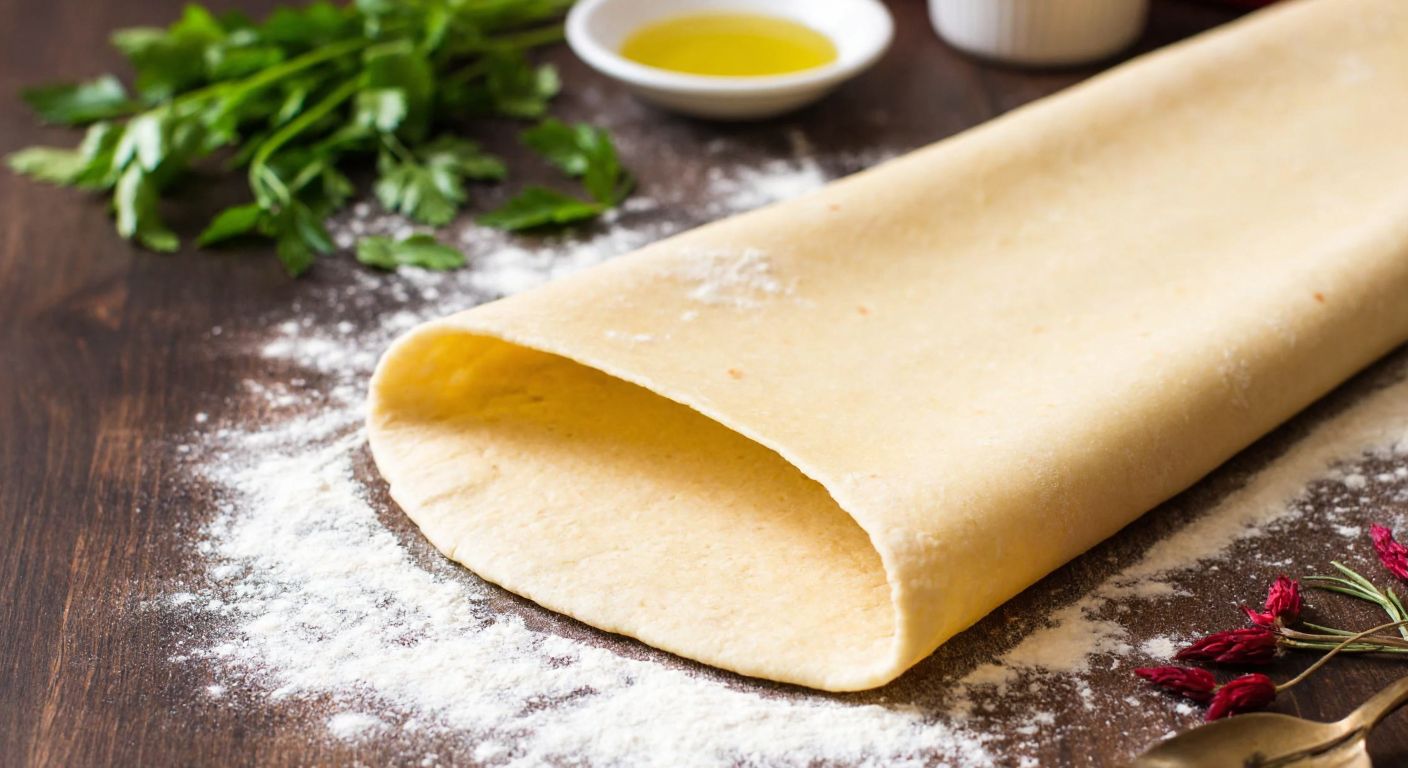 A warm, golden-brown gluten-free yufka dough being rolled out on a flour-dusted wooden table in a Turkish kitchen, with fresh herbs and a bowl of olive oil nearby.