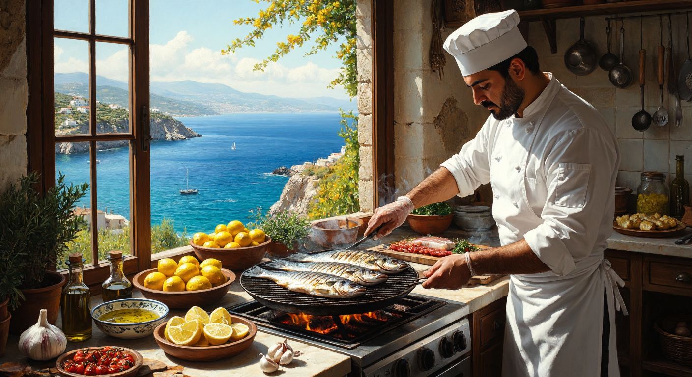 A Turkish chef in a sunlit kitchen carefully grilling fresh fish on a charcoal fire, surrounded by bowls of olive oil, lemon slices, and garlic, with a vibrant Aegean seascape visible through the window.