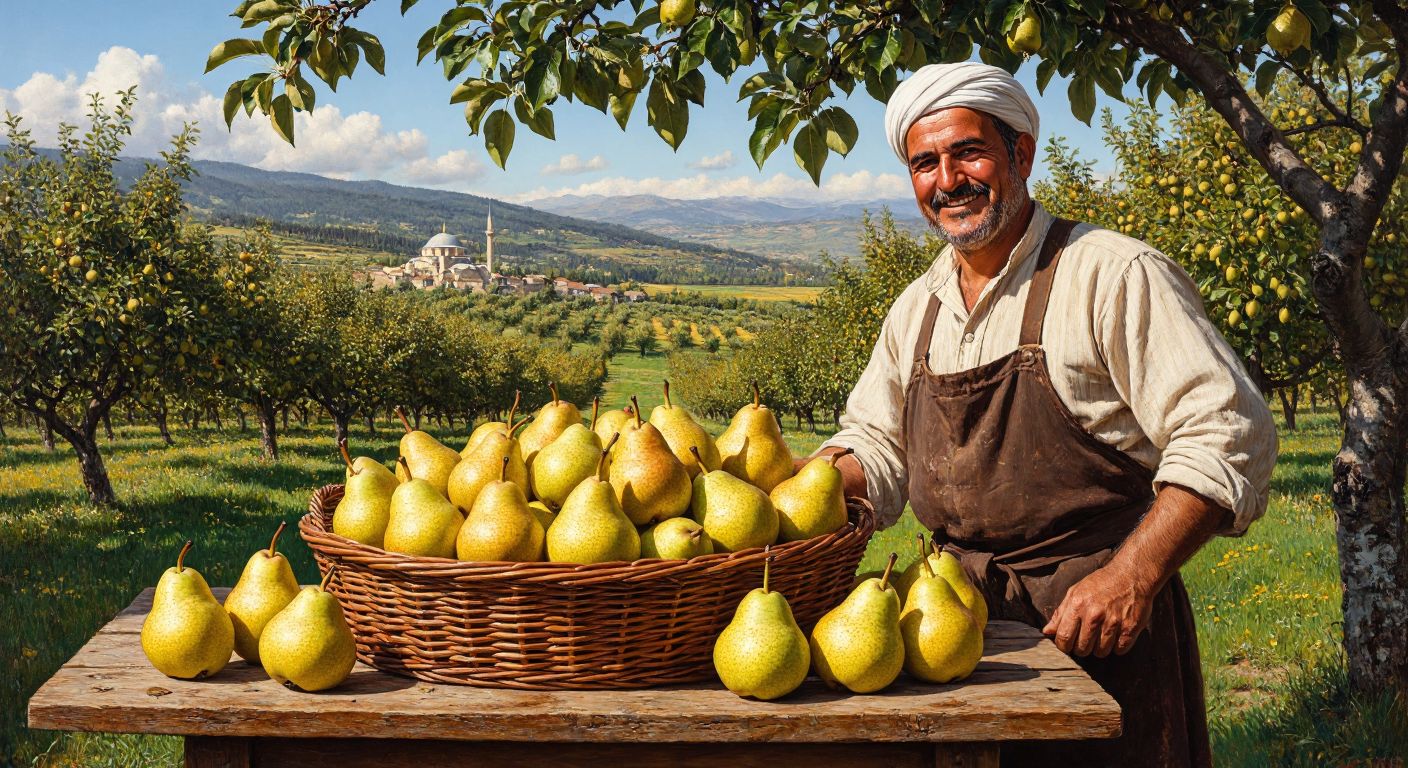 A sunlit Turkish orchard with a basket of freshly picked pears—Williams, Amasya, and Suzy varieties—resting on a wooden table, their golden-green skins glistening with dew, while a farmer in traditional attire smiles proudly nearby.