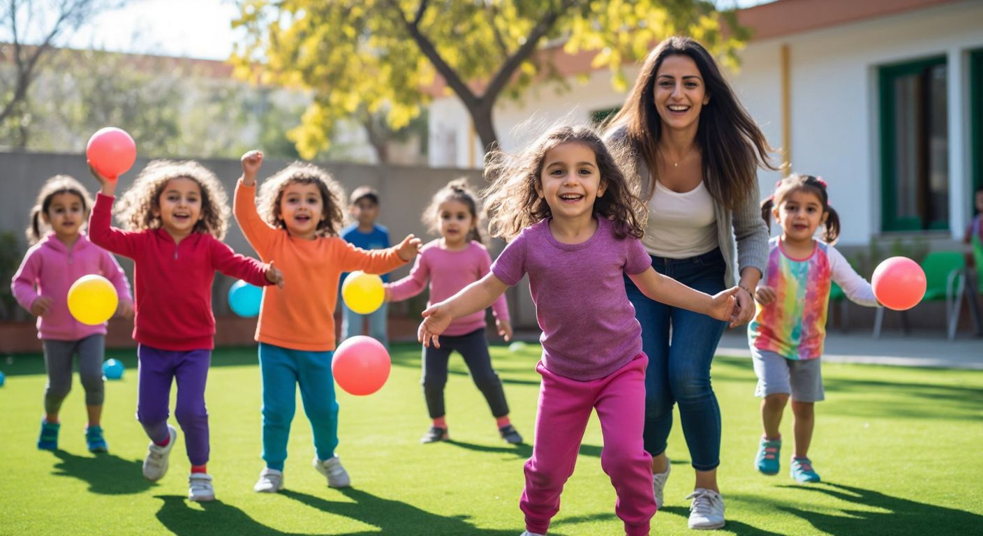 A group of cheerful preschool children in colorful gym clothes playing with balls and hula hoops in a bright, sunlit schoolyard in Turkey, supervised by a smiling teacher.