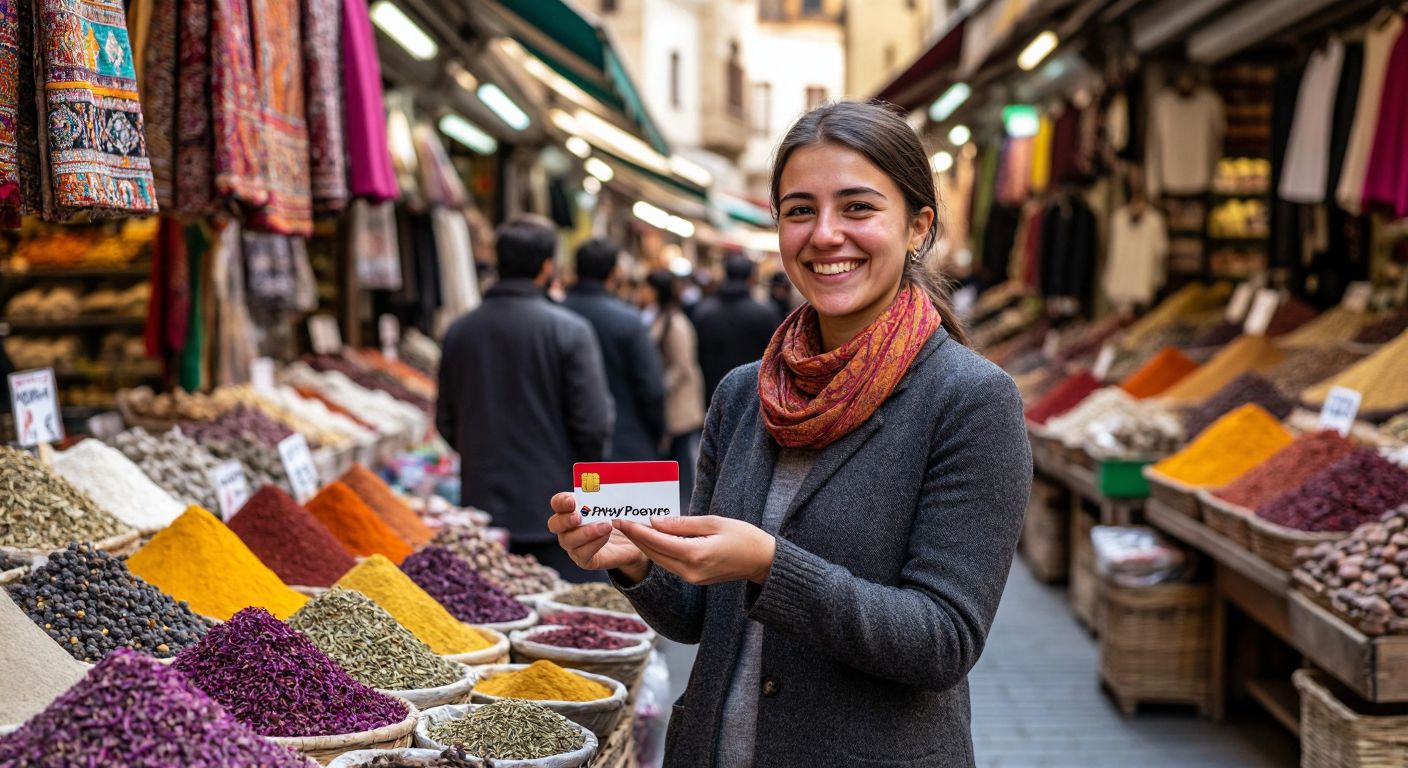 A smiling person in a bustling Turkish bazaar confidently hands a Payoneer card to a vendor selling colorful spices and textiles.