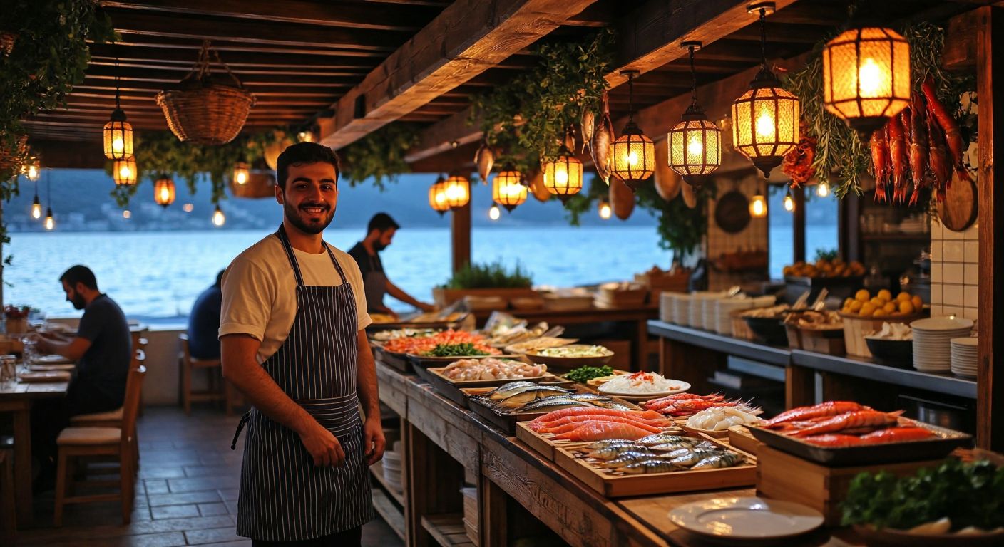 A cozy seaside fish restaurant in Turkey with wooden tables, fresh seafood on display, and smiling waiters in aprons, surrounded by the warm glow of hanging lanterns and the scent of grilled fish, with no alcoholic beverages in sight.