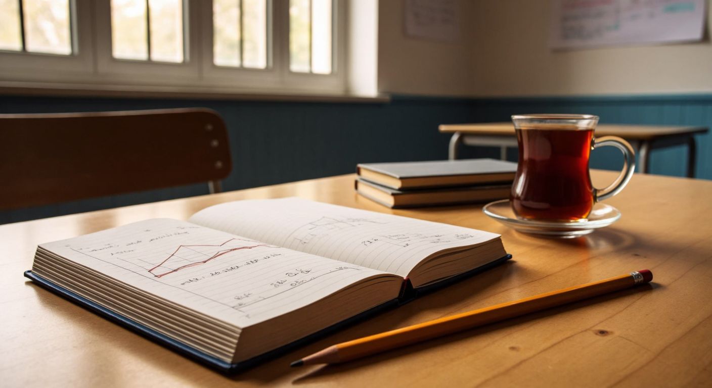 A wooden classroom desk with an open notebook showing hand-drawn logarithmic curves and simple equations, a pencil resting beside it, and a warm Turkish tea in a tulip-shaped glass nearby, evoking focused study.