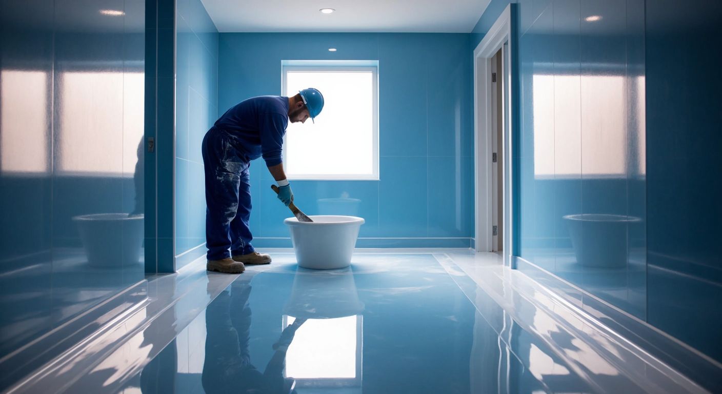 A modern Turkish bathroom with glossy, seamless epoxy-coated walls and floor in a soft blue hue, reflecting light from a small window, while a worker in protective gloves smooths the surface with a trowel.