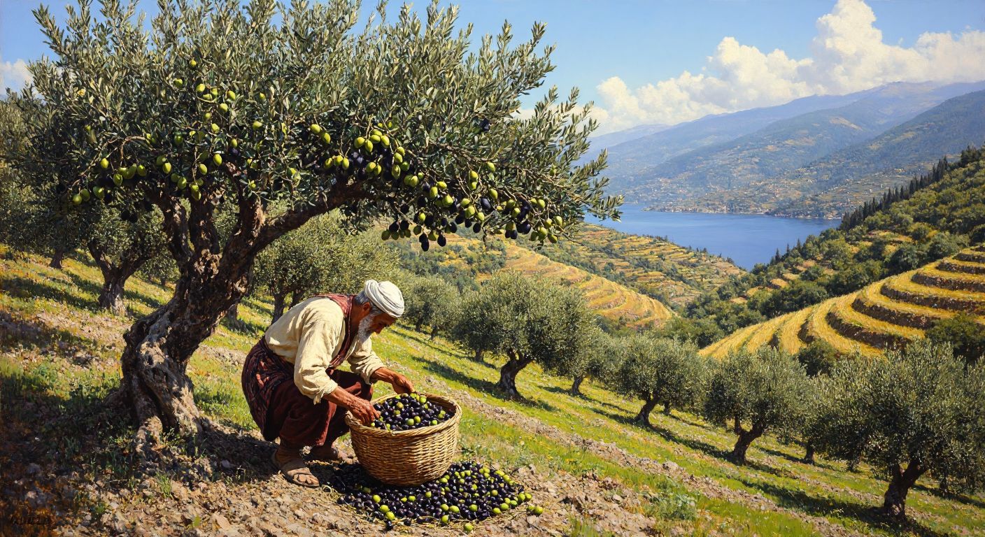 A sunlit olive grove in Trabzon, with gnarled ancient trees bearing plump green and black olives, while a weathered farmer in traditional attire carefully harvests them into a woven basket, surrounded by terraced hills and the distant Black Sea.