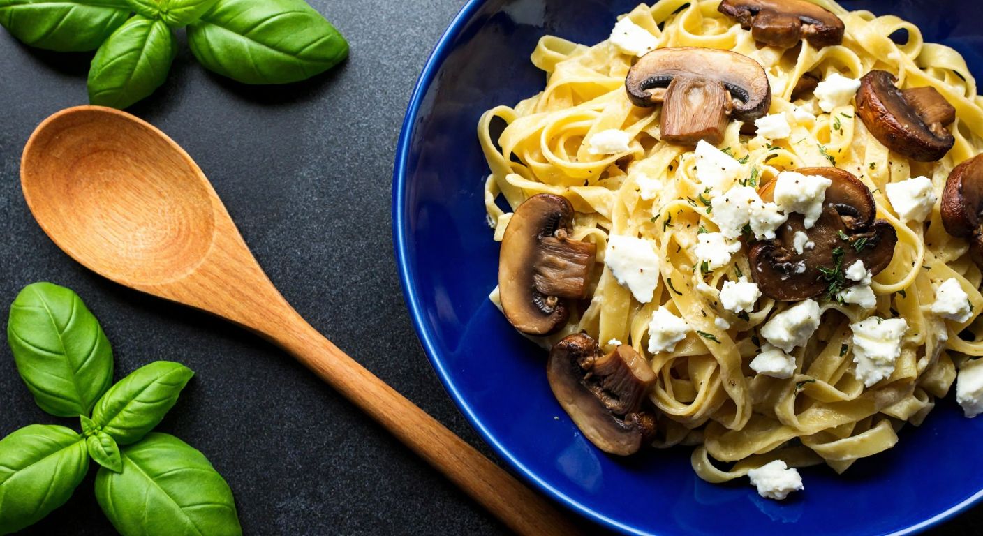 A vibrant Turkish kitchen countertop with a steaming plate of creamy tagliatelle pasta topped with sautéed mushrooms and crumbled white cheese, a rustic wooden spoon resting beside it, and fresh basil leaves scattered nearby.
