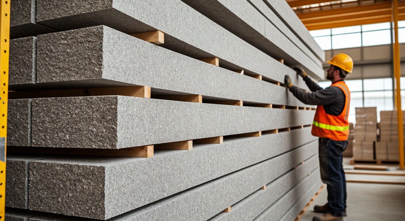 A neatly stacked pile of thick, gray stone wool insulation panels in a construction warehouse, with a worker in a hard hat measuring the panels against a partially insulated wall.
