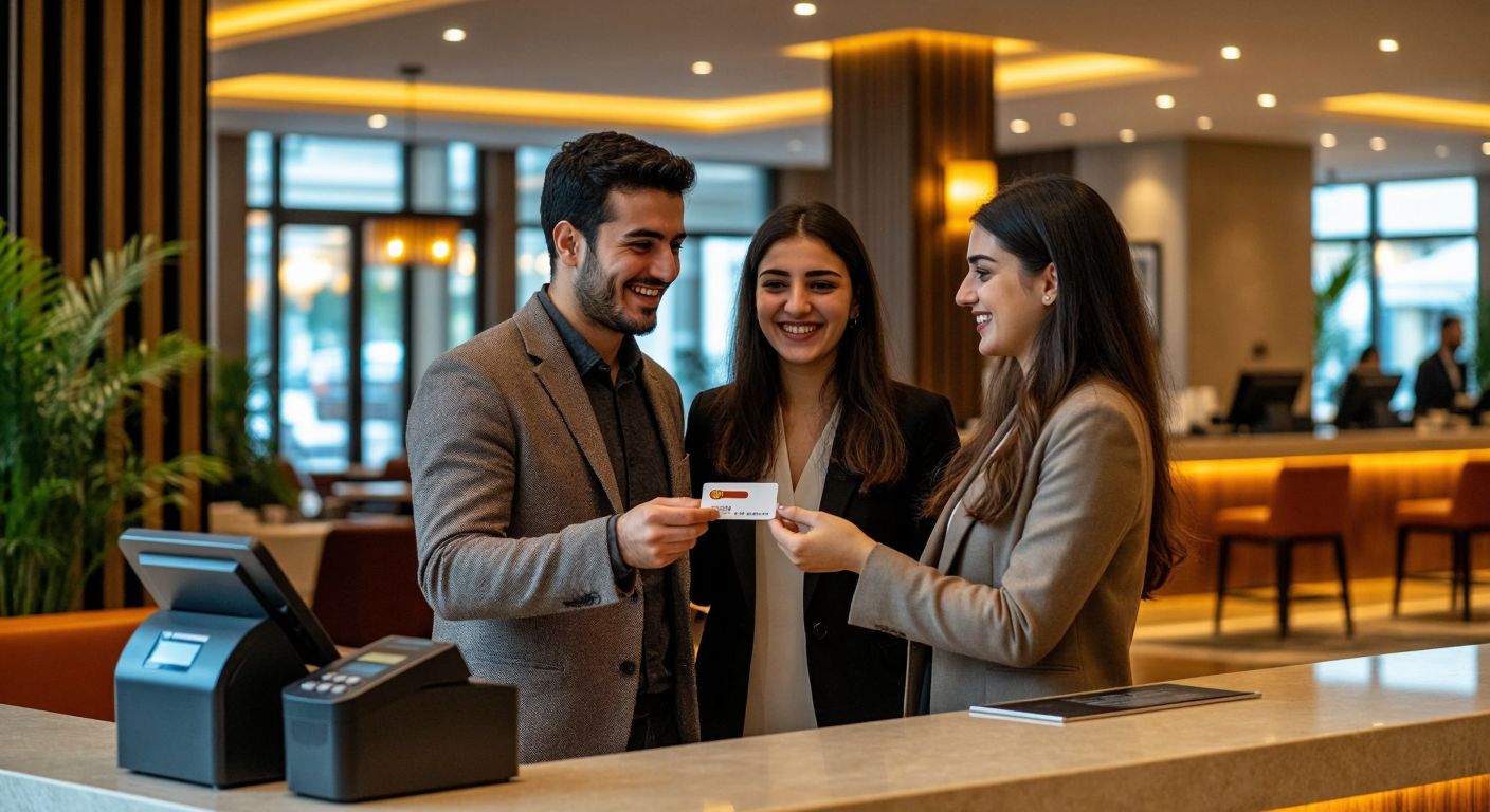 A smiling Turkish couple in a modern hotel lobby hands a Bonus card to a receptionist, with a warm-lit restaurant visible in the background and a pos machine on the counter.