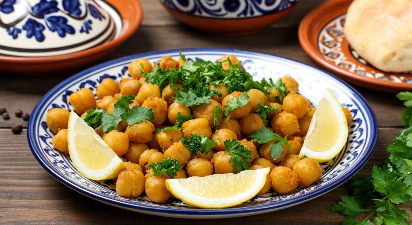 A vibrant plate of Armenian *topik*—a golden-brown chickpea and tahini dumpling—garnished with fresh parsley, served alongside lemon wedges on a rustic wooden table with traditional Armenian ceramic dishes in the background.