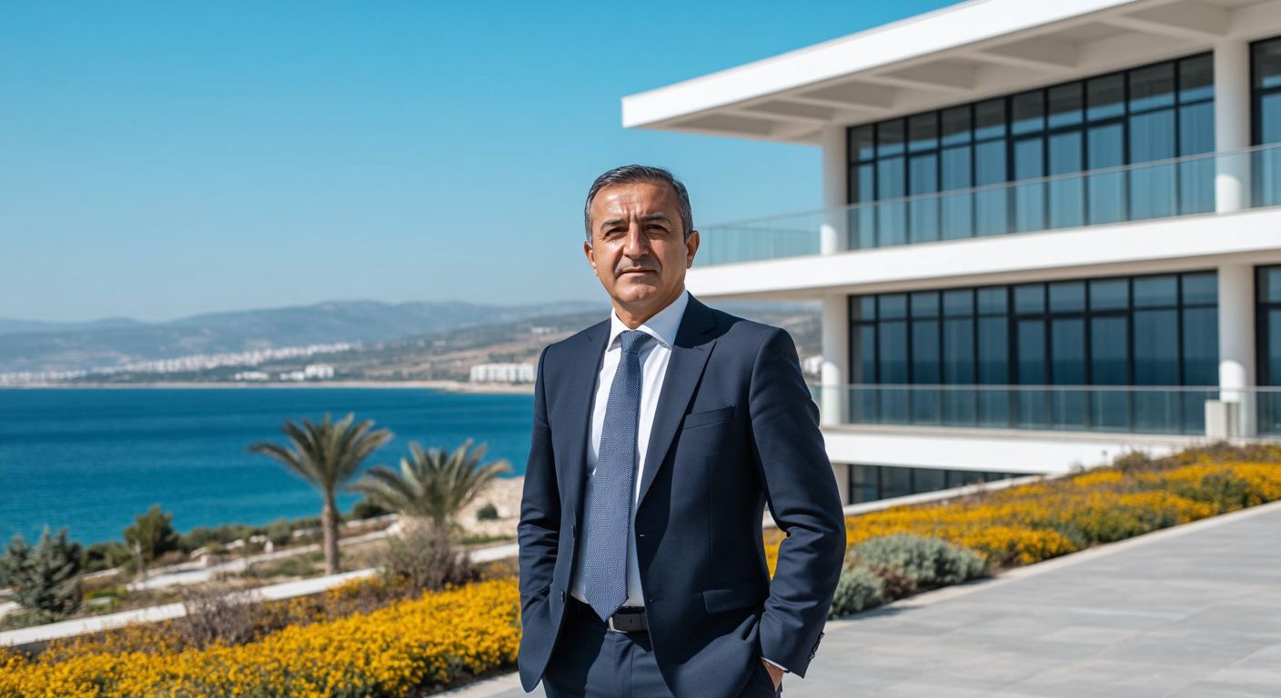 A distinguished middle-aged Turkish businessman in a suit stands proudly in front of a modern university building in Northern Cyprus, with the Mediterranean Sea visible in the background.