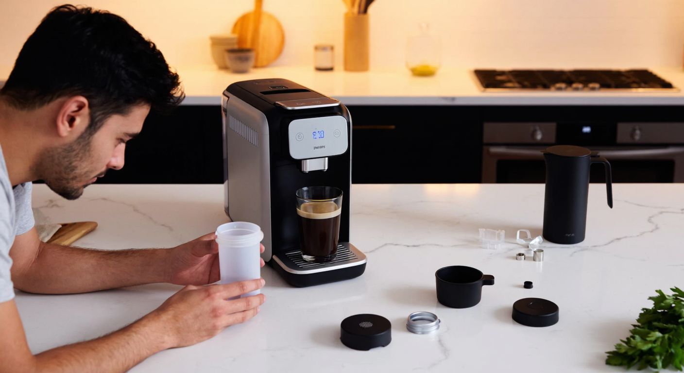 A modern Turkish kitchen with a Philips LatteGo coffee machine placed on a marble countertop, surrounded by scattered parts like a water filter and assembly pieces, while a person with focused expression carefully connects the components under warm ambient lighting.