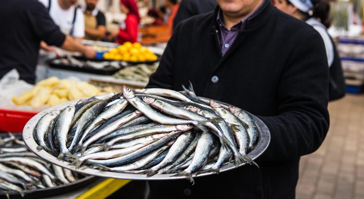 A bustling Turkish fish market with a vendor holding a large silver tray overflowing with fresh, glistening hamsi (anchovies) of varying sizes, while a curious customer examines them closely.