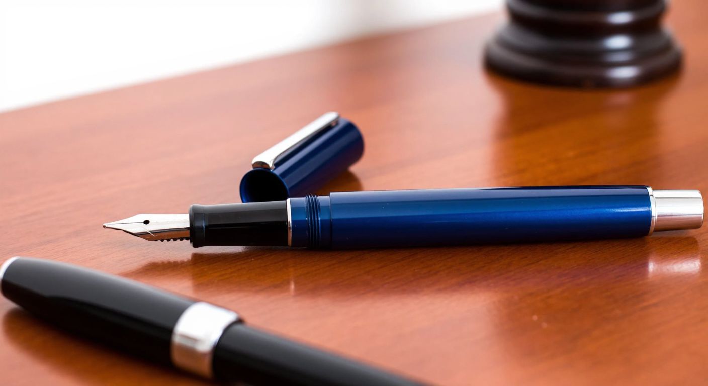 A sleek blue ink cartridge with a stainless steel tip rests on a polished wooden desk beside an elegant signature pen, evoking precision and professionalism.