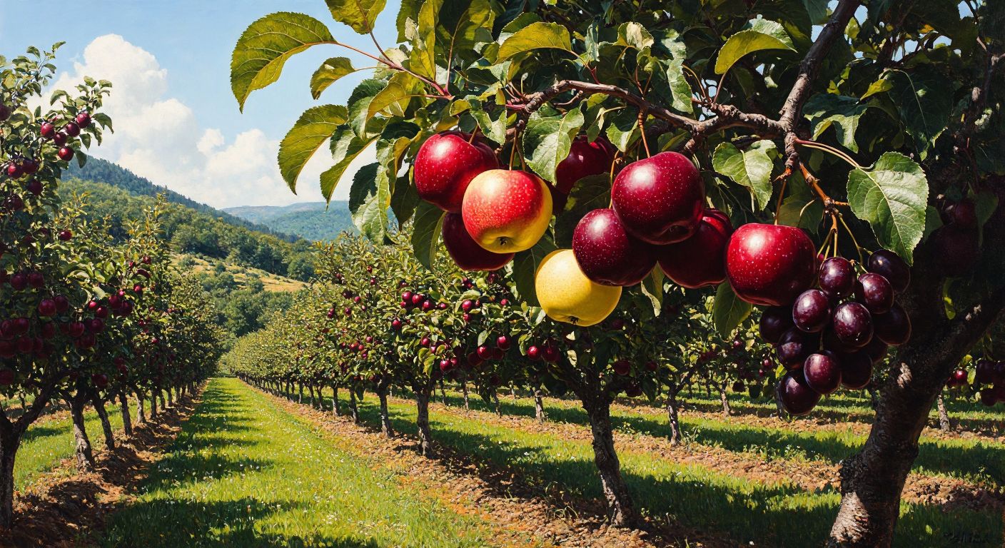 A lush green orchard in Bartın with ripe red apples, golden pears, deep red cherries, purple plums, clusters of green grapes, and fuzzy brown kiwis hanging from vibrant trees under a sunny sky.