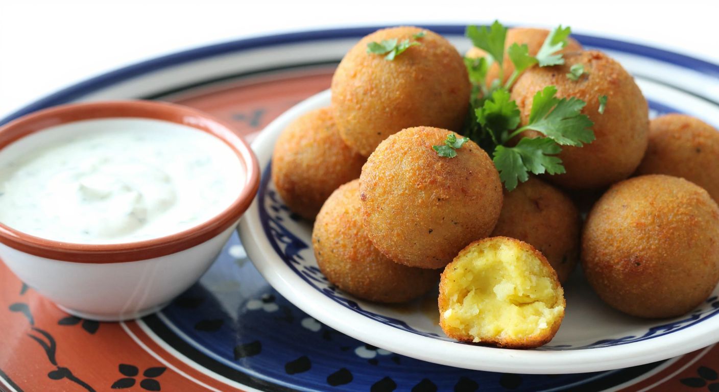 A steaming plate of golden-brown *içli köfte* with a soft potato filling, garnished with fresh parsley, resting on a traditional Turkish ceramic plate beside a small bowl of tangy yogurt dip.