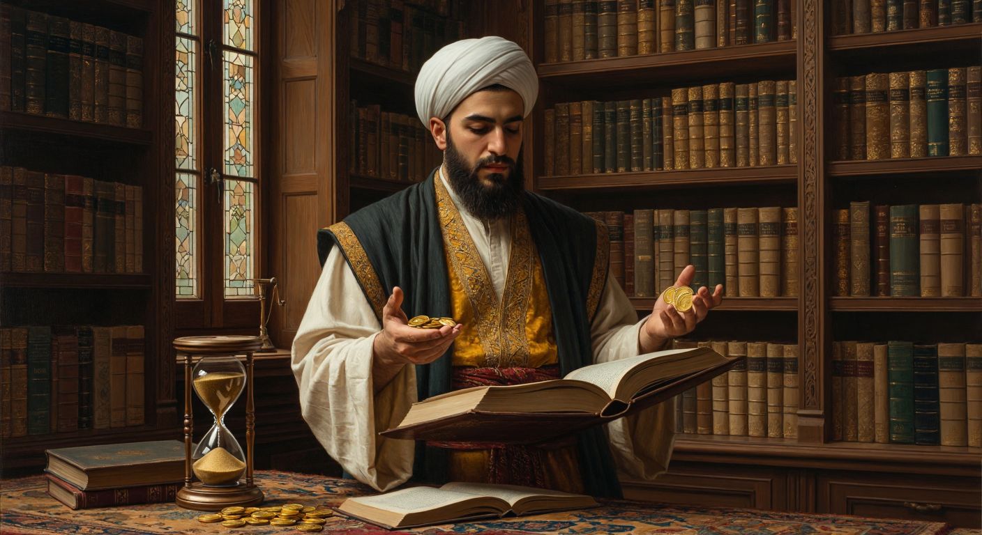 A thoughtful Turkish scholar in a traditional library, weighing golden coins in one hand and an open book in the other, with a faint hourglass shadow symbolizing imperfect knowledge.