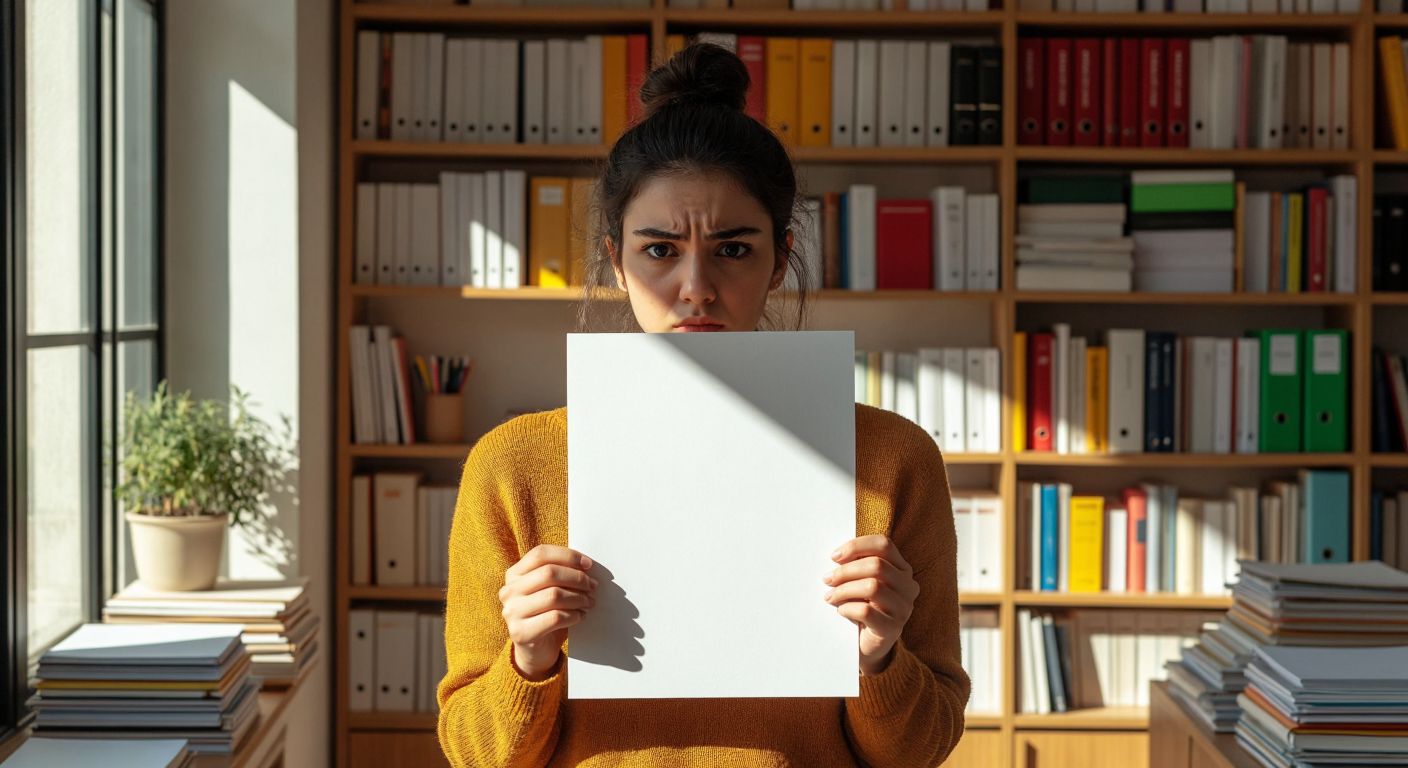 A puzzled person holds a blank A5-sized sheet of paper against a backdrop of neatly stacked notebooks and stationery in a sunlit Turkish office.