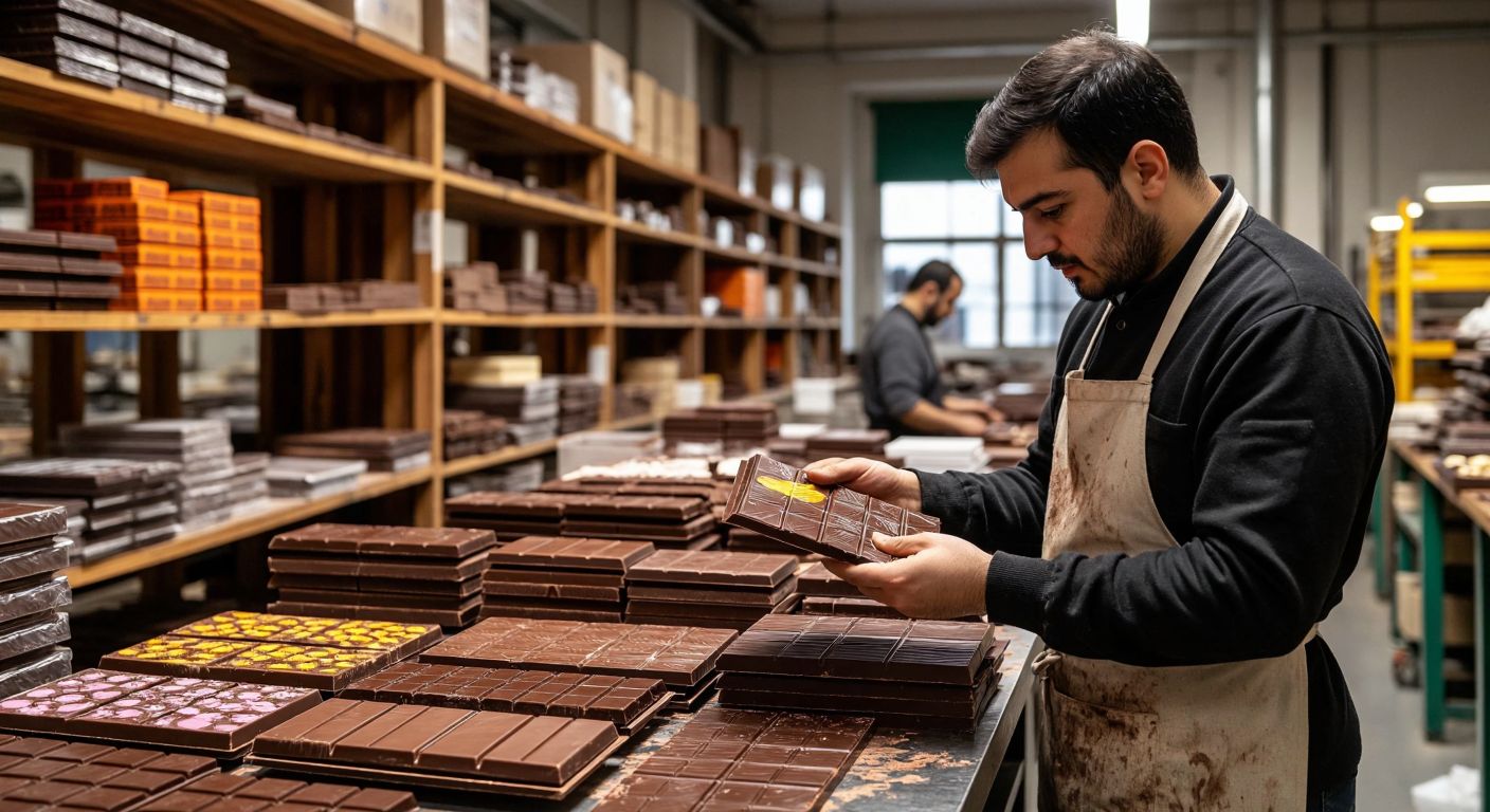 A Turkish chocolatier carefully examining a glossy, colorful chocolate label in a bustling workshop filled with stacked chocolate bars and printing materials.