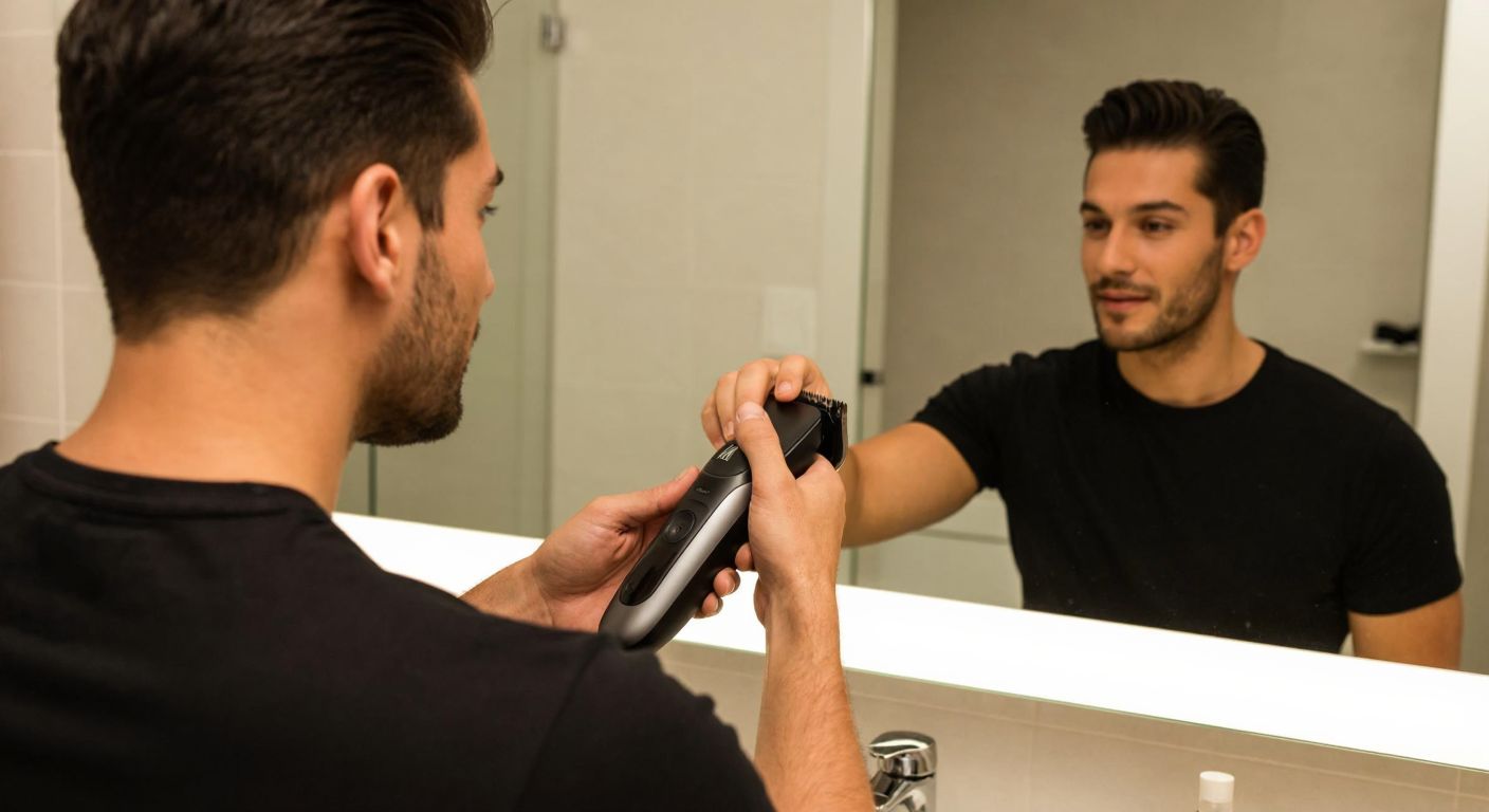 A well-groomed Turkish man in a modern bathroom carefully placing a Braun hair clipper on a sleek charging dock, with a relaxed expression as he checks his reflection in the mirror.