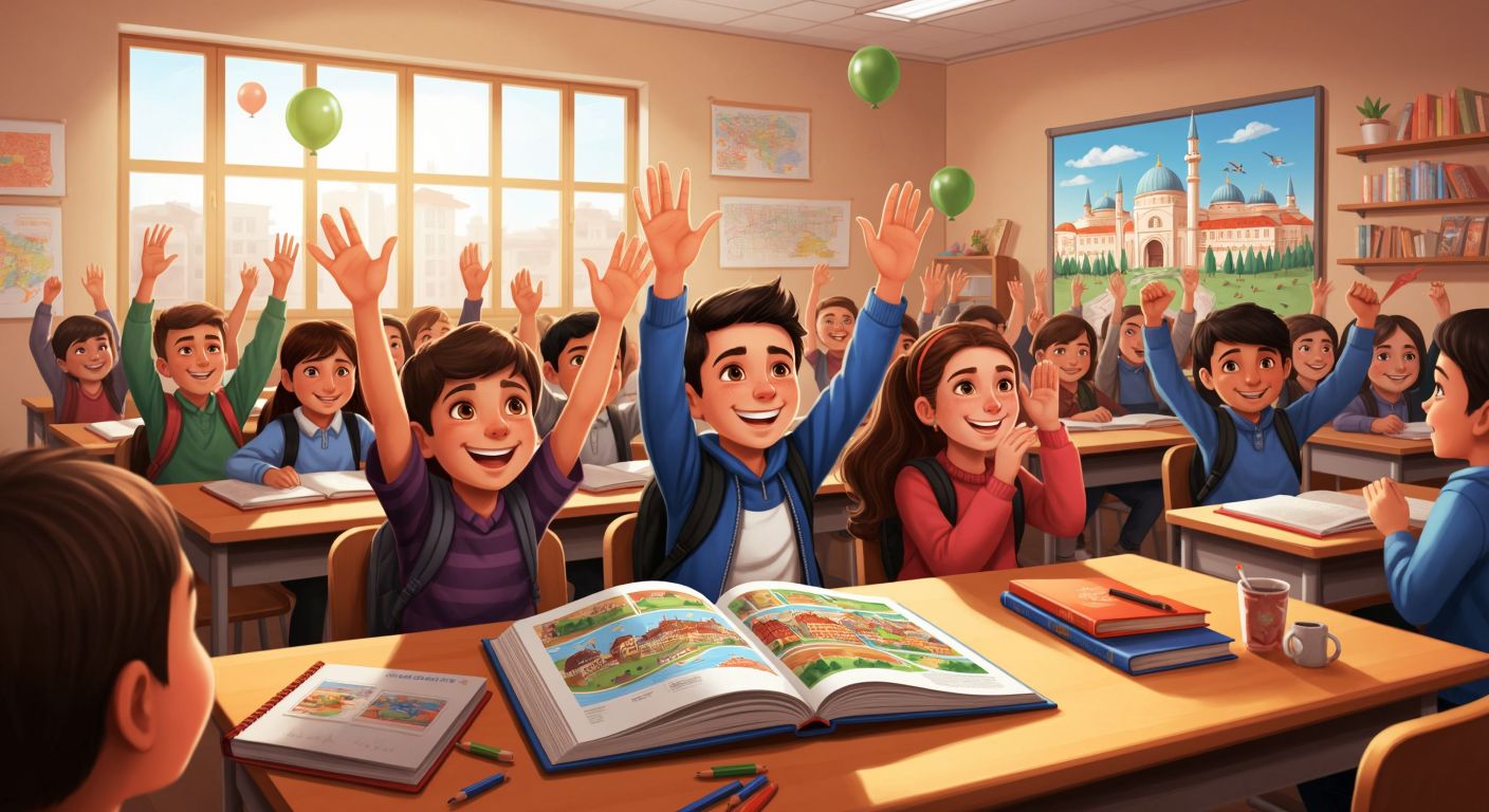 A Turkish classroom with students eagerly raising their hands, an open English textbook on a wooden desk showing colorful illustrations of greetings, a city map, sports, and daily routines.