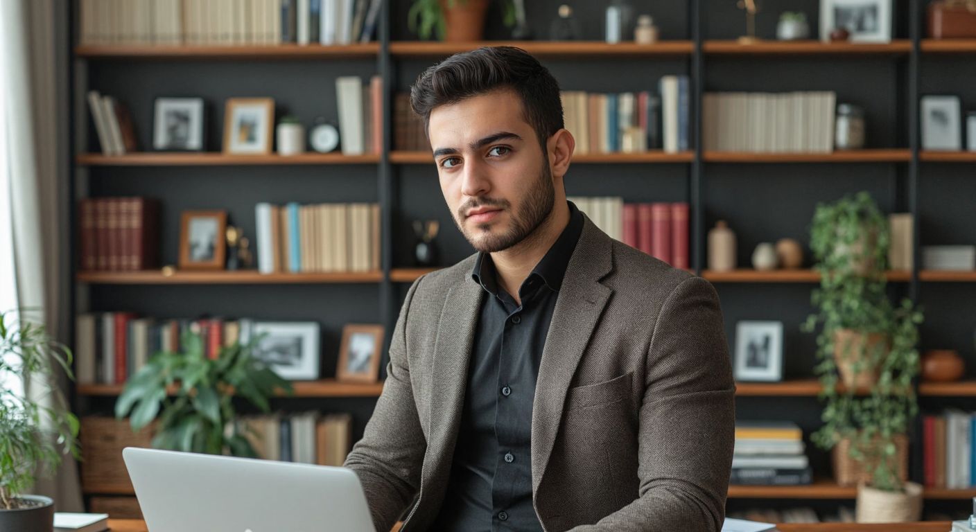 A well-dressed young professional in a tidy home office in Turkey, confidently looking into a laptop camera with a neutral, organized bookshelf in the background, while holding a calm, composed posture.