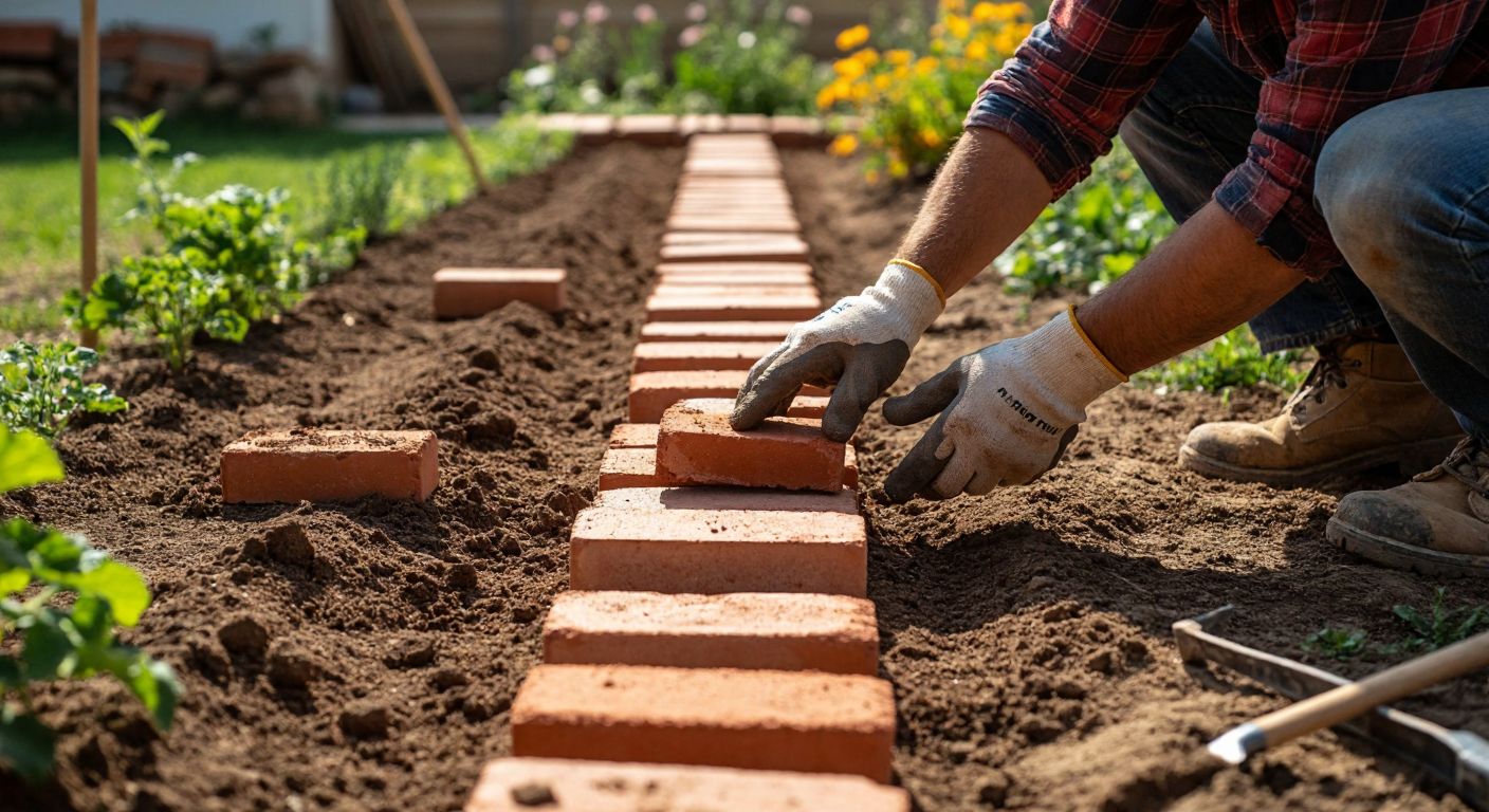 A sunlit Turkish garden with a person in work gloves carefully laying red bricks along a freshly dug path, surrounded by scattered sand and a small pile of bricks, while a level tool rests nearby.