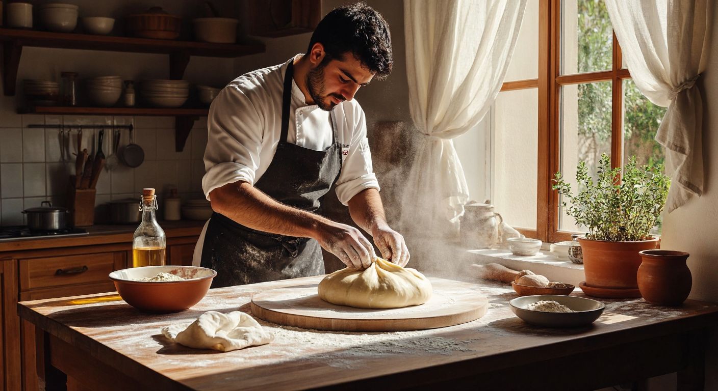 A Turkish cook in a sunlit kitchen kneads a smooth, elastic dough on a flour-dusted wooden counter, with a bowl of warm water and a bottle of vinegar nearby, while a wrapped ball of dough rests under a clean cloth.