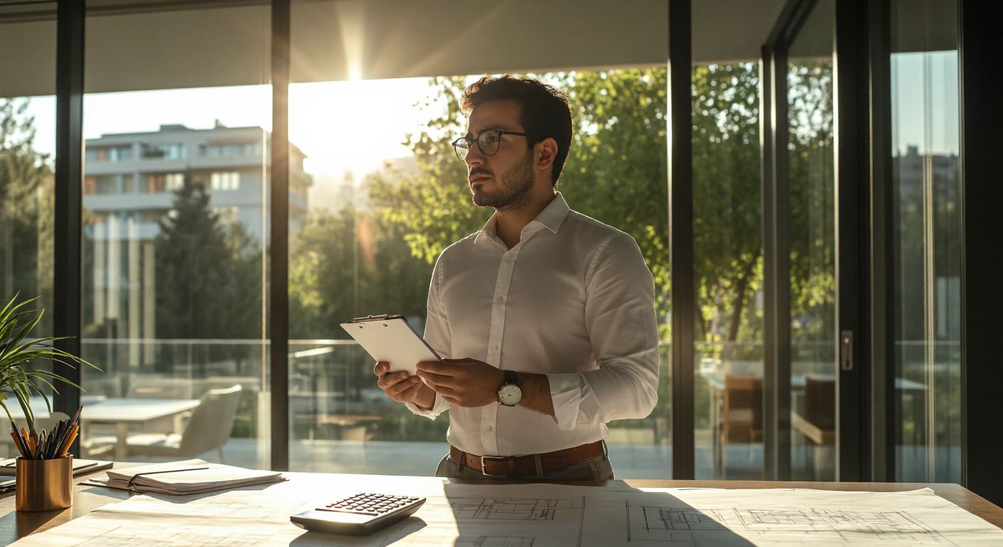 A Turkish architect in a crisp white shirt and glasses stands thoughtfully in front of a blueprint-covered desk, holding a calculator while sunlight streams through the window of a modern Ankara office.