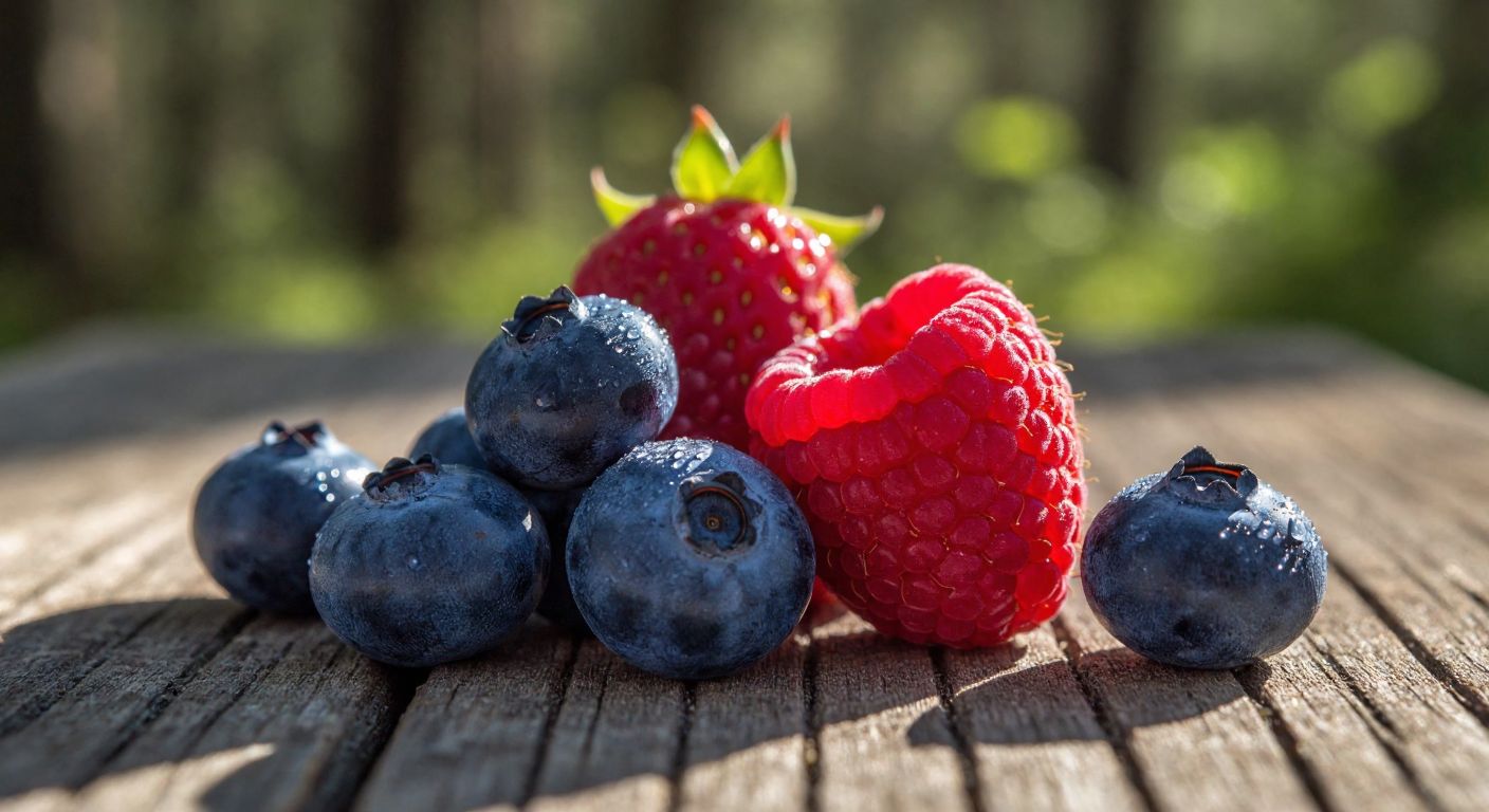 A rustic wooden table in a sunlit Turkish forest clearing holds a vibrant red raspberry and a cluster of deep blue blueberries side by side, their glossy surfaces glistening with morning dew.