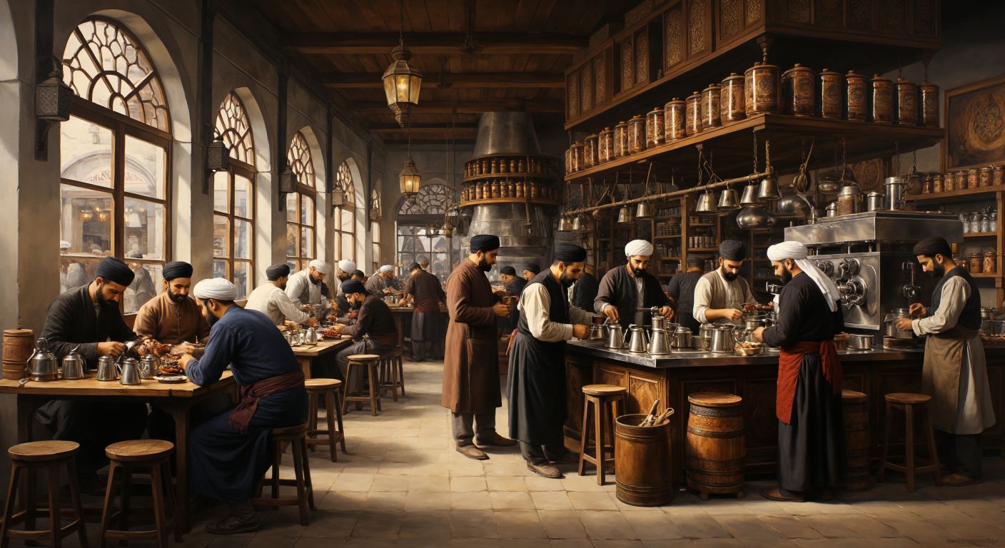 A bustling 16th-century Ottoman coffeehouse in Istanbul with wooden stools, copper coffee pots, and men in traditional attire sipping dark coffee amid the aroma of roasted beans, while a modern factory with gleaming machines and neatly stacked coffee bags represents the contemporary brand in the background.