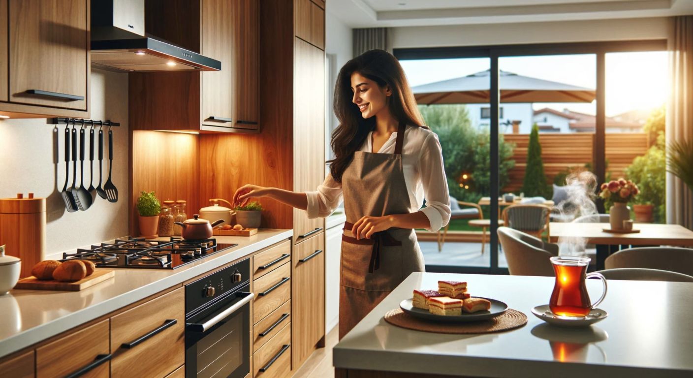 A modern Turkish kitchen with sleek, polished wooden cabinets, a smiling woman in an apron inspecting their sturdy hinges, and a warm, sunlit dining area with a steaming cup of Turkish tea on the counter.