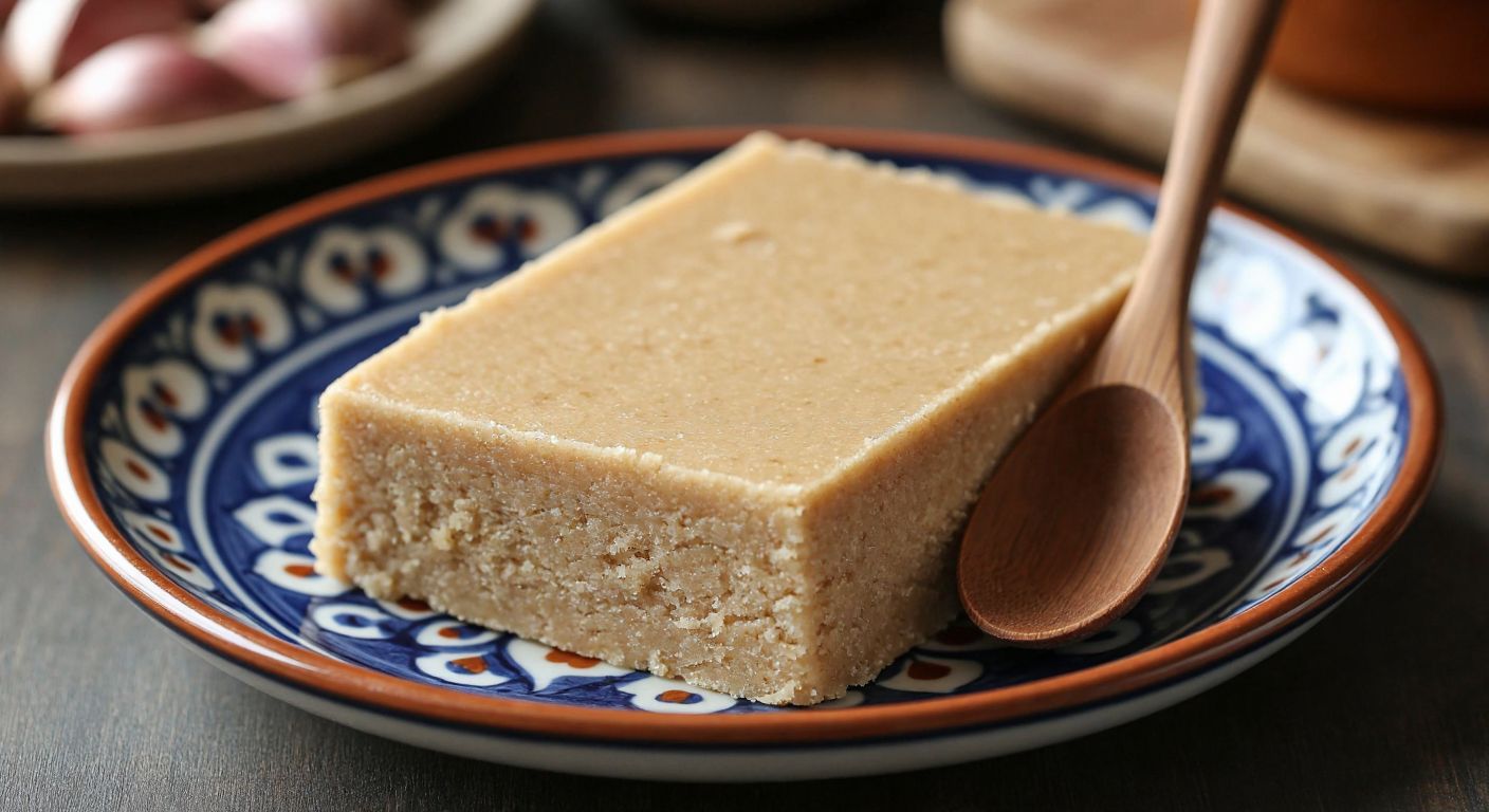 A golden-brown slab of tahini halva crumbles slightly under a wooden spoon, its texture dense and smooth without the fibrous strands of çöven root, resting on a traditional Turkish ceramic plate.
