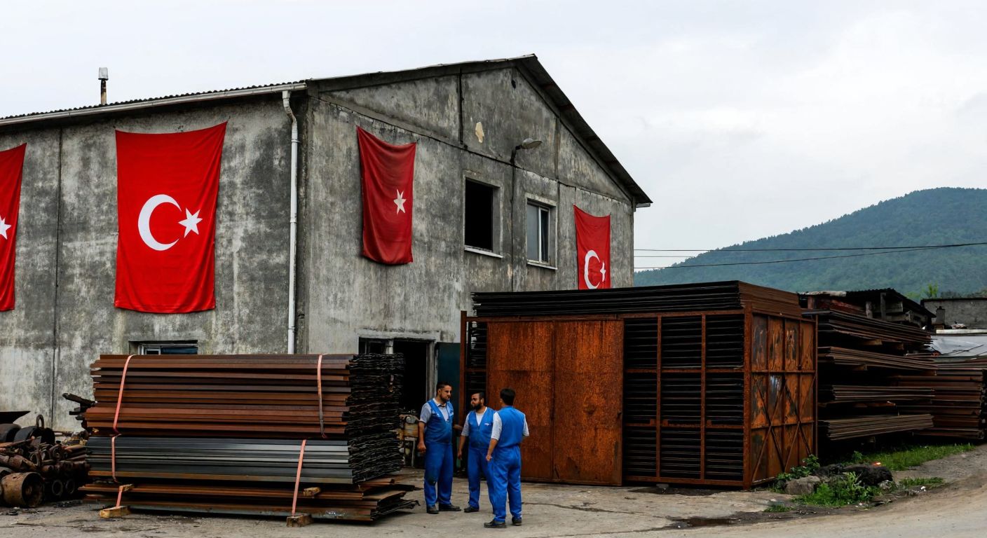 A weathered industrial building in Fatsa with faded Turkish flags, surrounded by stacks of metal sheets and workers in blue overalls discussing near a rusted factory gate.