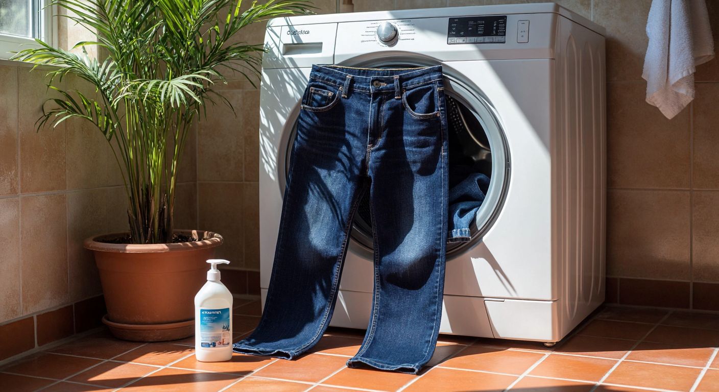 A pair of dark indigo jeans turned inside out, gently placed in a washing machine with cold water, surrounded by a small bottle of specialized detergent, in a sunlit Turkish laundry room with terracotta tiles.