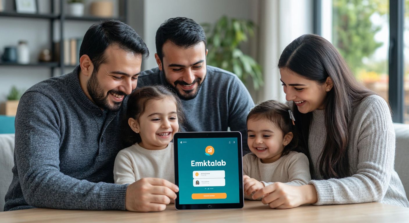 A smiling Turkish family gathered around a tablet displaying the eMaktab.Oila app, with a mix of free and premium feature icons subtly highlighted in the background.