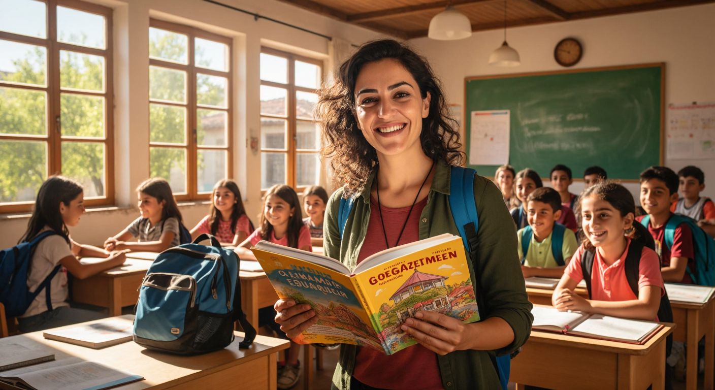 A cheerful Turkish teacher in a sunlit classroom holds up a colorful "Öğretmen Evde" summer workbook while smiling students sit at wooden desks with backpacks nearby.