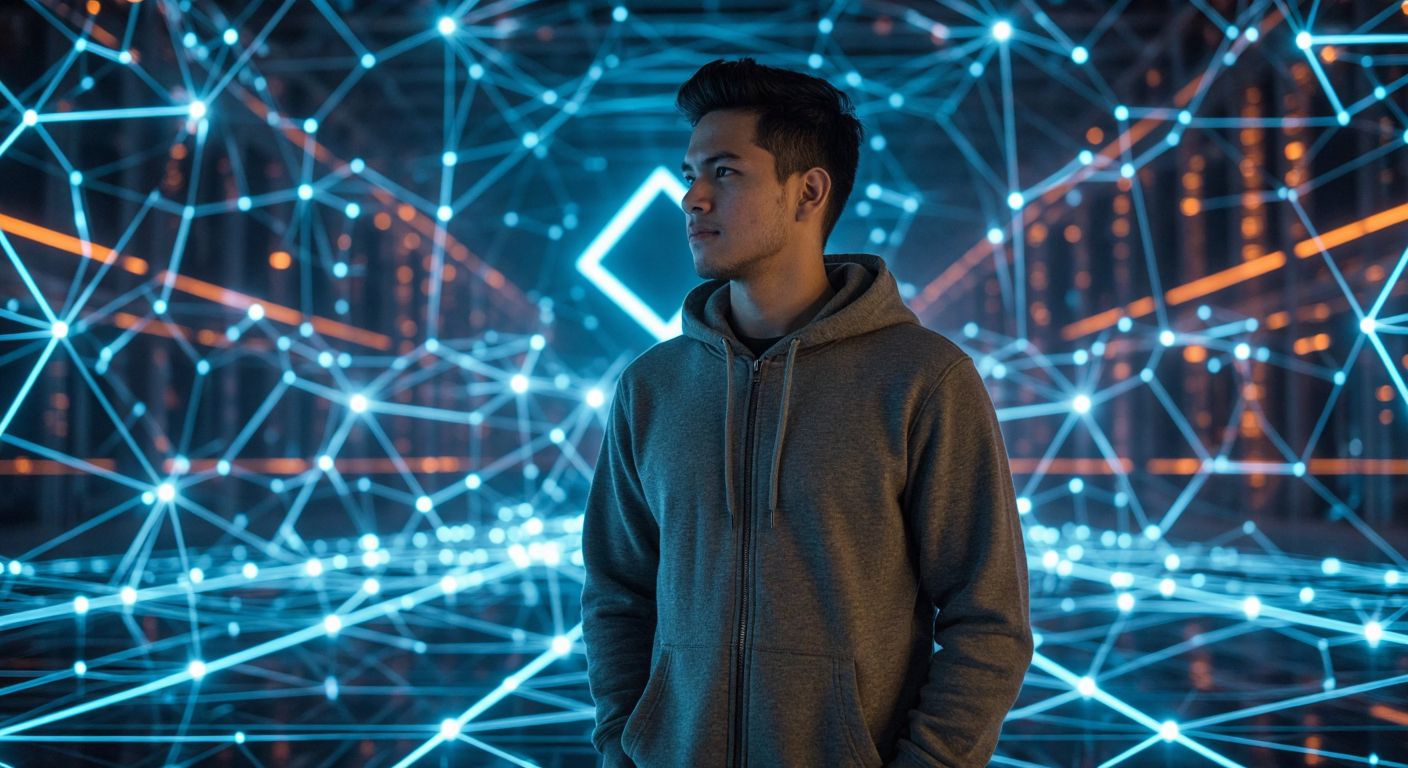 A confident American software developer in a casual hoodie stands in a futuristic digital landscape, surrounded by glowing nodes representing decentralized governance, with a faint outline of a cryptocurrency symbol hovering in the background.