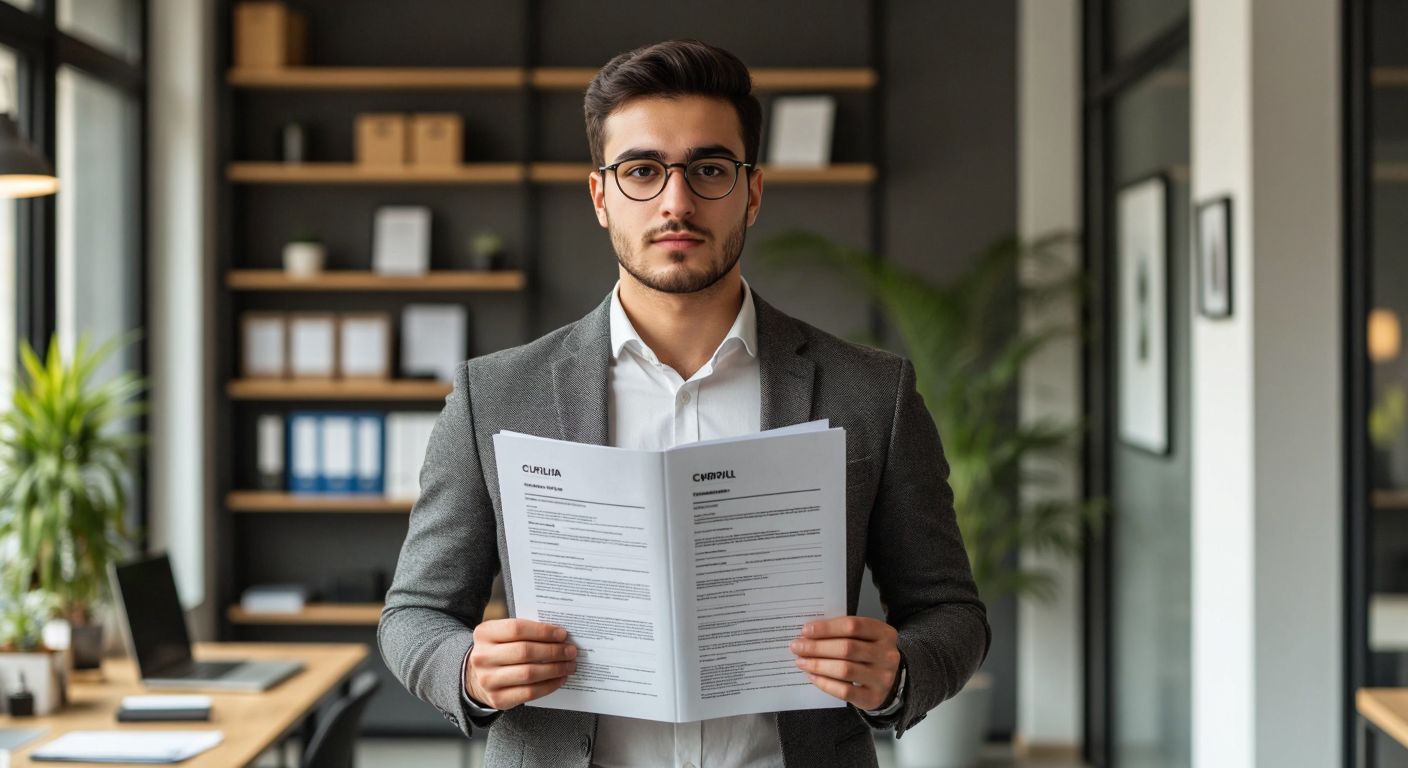 A focused young professional in a tidy office in Turkey, holding a neatly organized German CV with sections clearly divided, looking confident and determined.